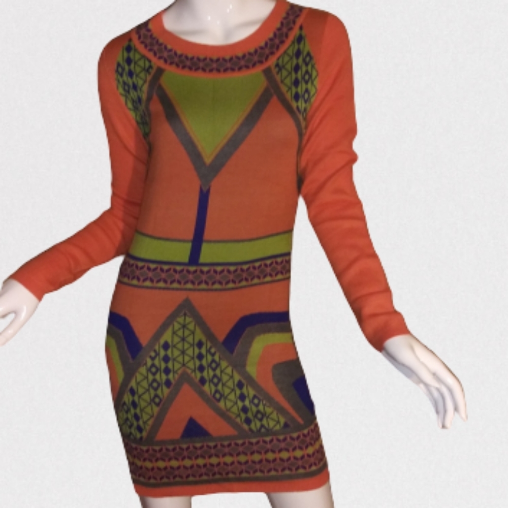 Orange Geo Print Sweater Dress